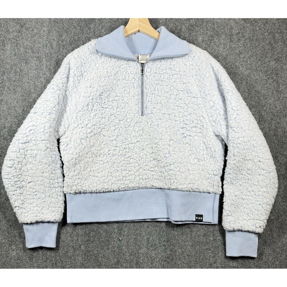 PINK Victoria's Secret Women's Blue Sherpa Half 1/2 Zip Cropped  Small